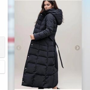 Long Belted Puffer Coat with Faux Fur Trimmed Hood